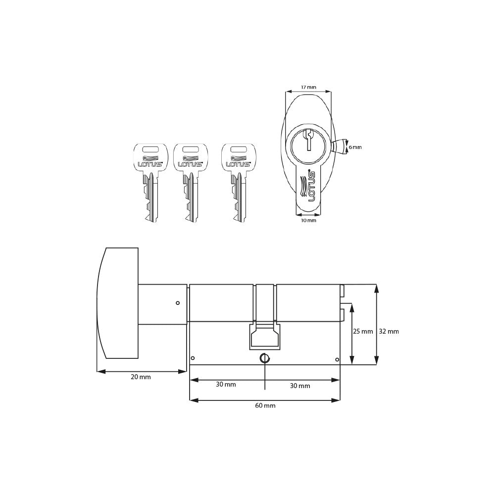 Cilindro 60mm bronce pulido llave-mariposa 3 llaves