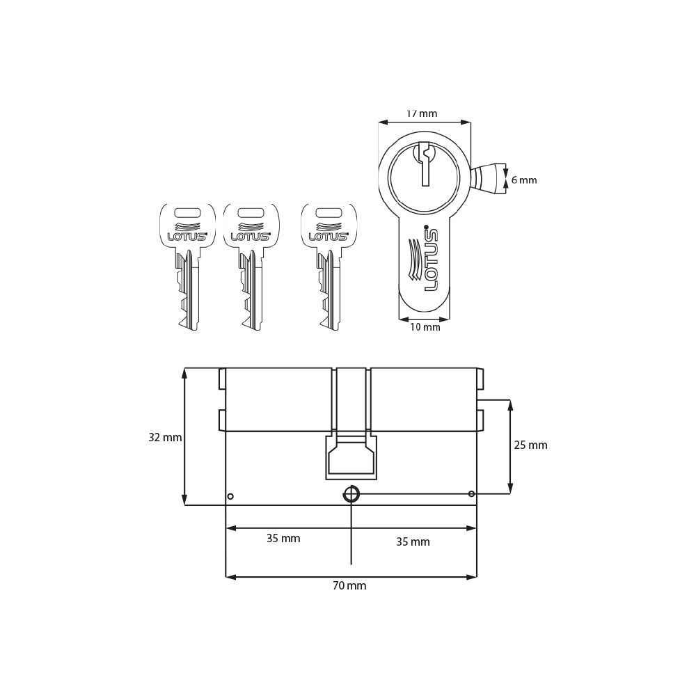 Cilindro 70mm bronce pulido llave-llave 3 llaves