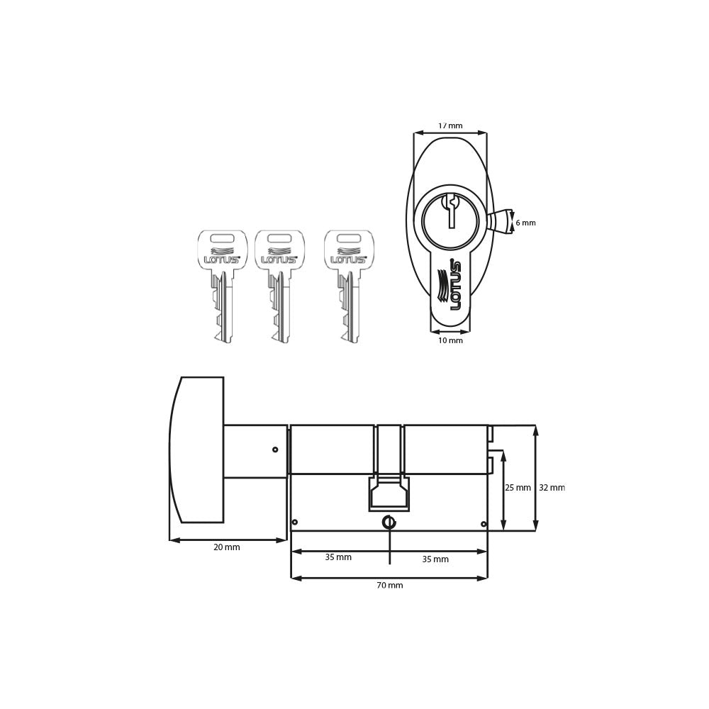 Cilindro 70mm satin llave-mariposa 3 llaves