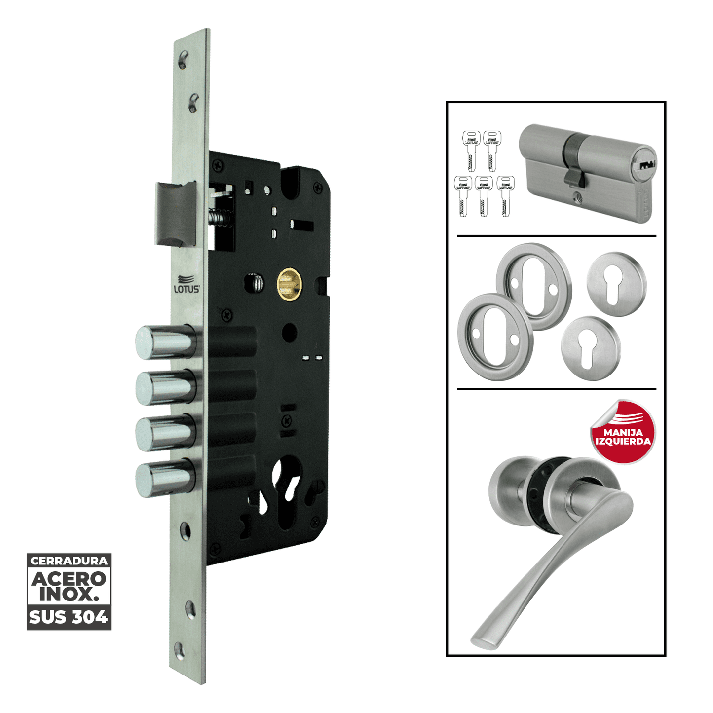Kit cerradura 4 pines 2 golpes ss304 bocallave decorativo manija cagliari