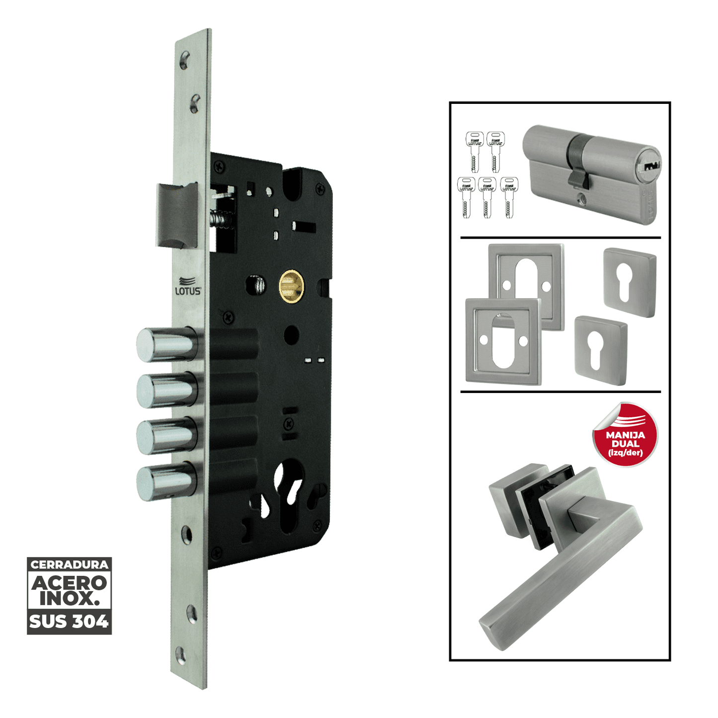 Kit cerradura 4 pines 2 golpes ss304 bocallave decorativo manija tivoli