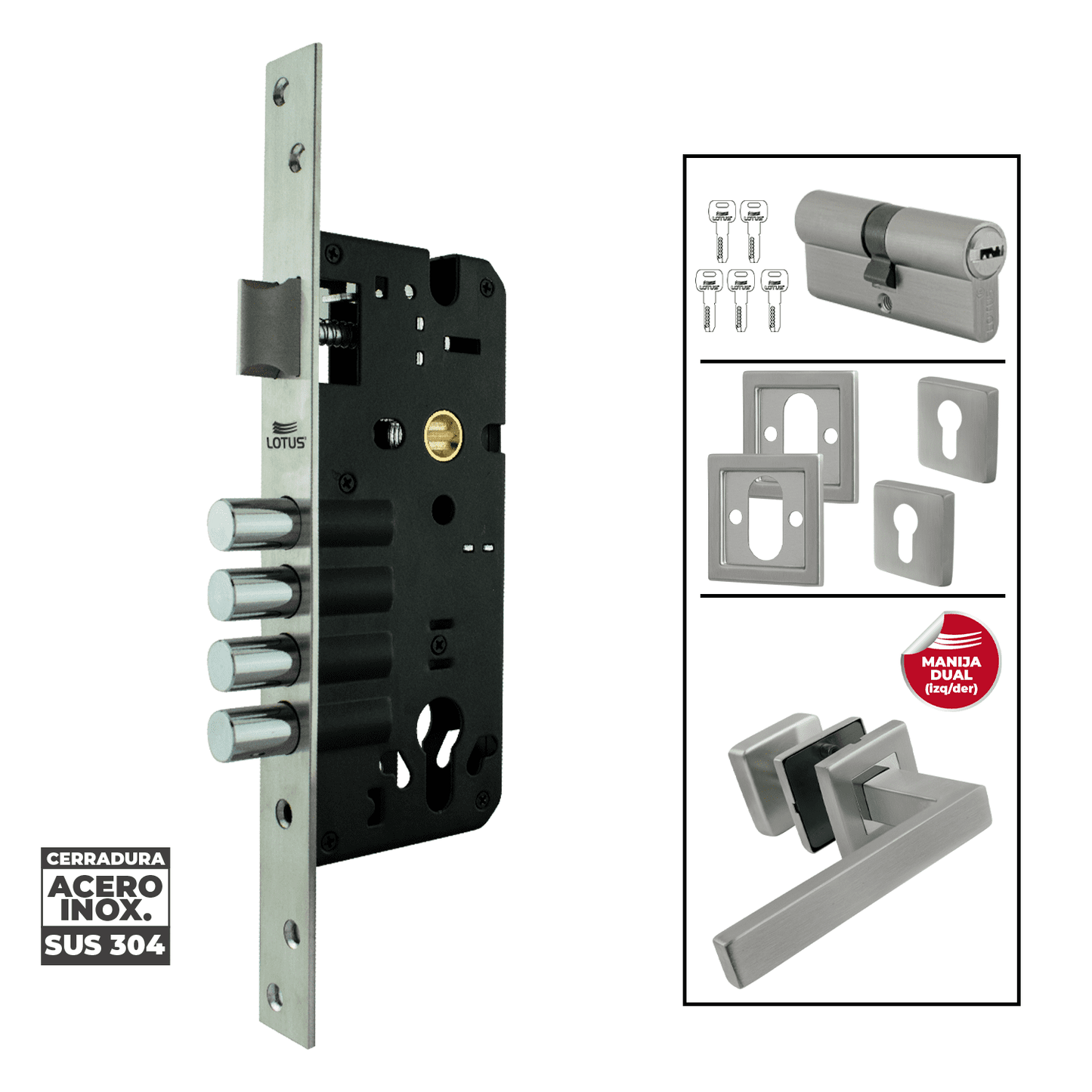 Kit cerradura 4 pines 2 golpes ss304 bocallave decorativo manija vanyo