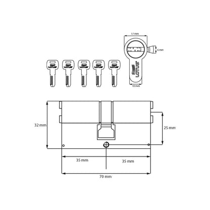 Cilindro 70mm bronce pulido llave-llave megacanal 5 llaves