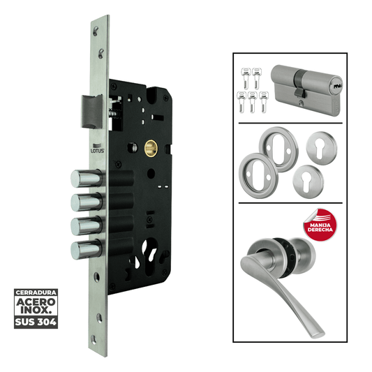 Kit cerradura 4 pines 2 golpes ss304 bocallave decorativo manija cagliari