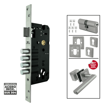 Kit cerradura 4 pines 2 golpes ss304 bocallave decorativo manija bruselas sqr