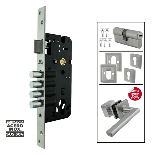 Kit cerradura 4 pines 2 golpes ss304 bocallave decorativo manija bruselas sqr