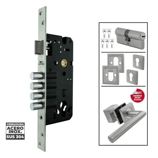 Kit cerradura 4 pines 2 golpes ss304 bocallave decorativo manija dubai sqr